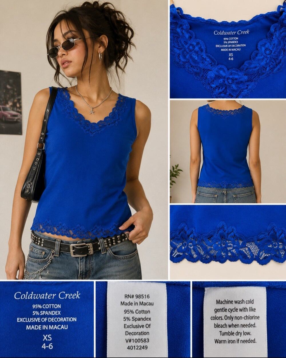Y2K Indie Sleaze Layering Coldwater Creek Lace Trim Tank Top Size XS Royal Blue